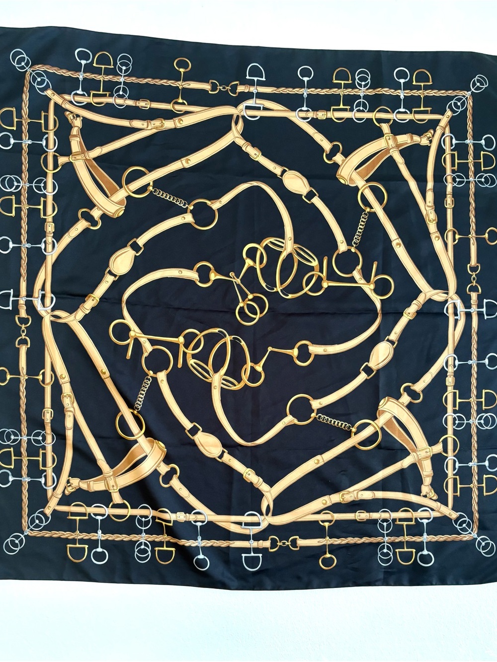 Art of the Scarf Tie Rack Black & Gold Equestrian Themed 34” Square Scarf Italy